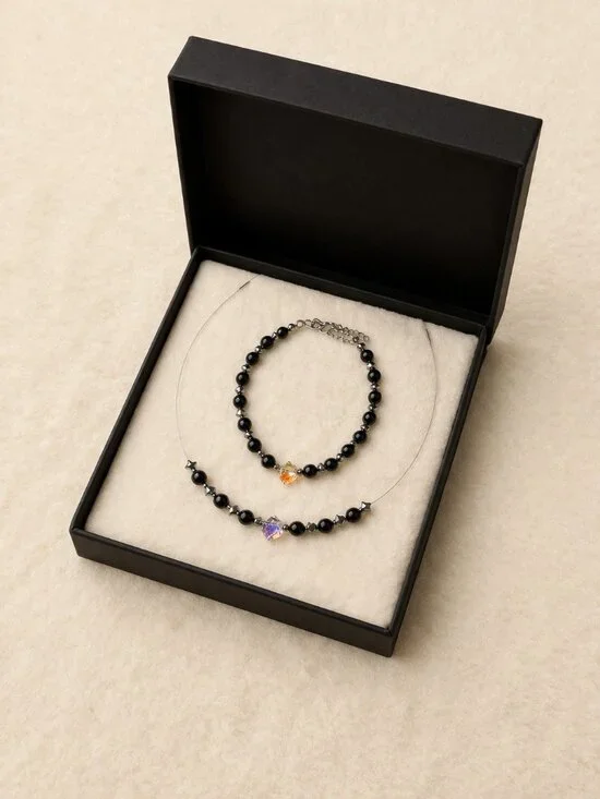 Obsidian Necklace & Bracelet Set with Silver Star Accents – Adjustable - Picture 5 of 6